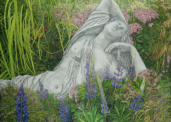 Painting of a sculpture of an ancient Greek goddess lying in languor with her hand behind her head. Half-closed eyes and a slight smile on the face of the stone woman. The white sculpture against the background of a blooming field full of herbs and various wildflowers. The vivid blue and purple lupines are like multicolored candles against the backdrop of her powerful, draped body.