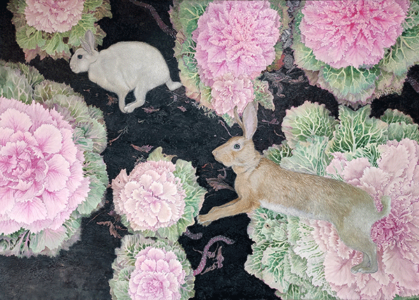 A love chase between two rabbits, or rather, the white rabbit runs away and the hare chases him through a field of huge pink and pale green blooming cabbage on black ground.