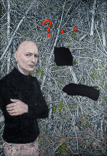 A contemporary oil portrait of a young shaven-headed man wearing a black sweater and pink colored jeans with his arms folded across his chest. In the background are silver-colored young pine trees lying in the moss. A red question hovers over the man's head.