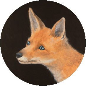 Round oil painting with a realistic portrait of a red fox with blue eyes on a dark brown background.